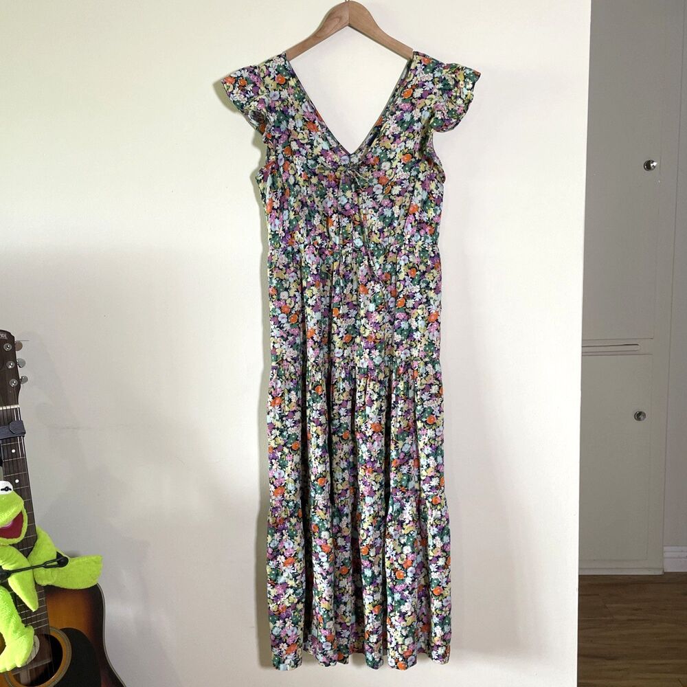 Gap Women’s Colorful Floral Cotton Maxi Dress Keyhole Tie Front Size Medium - Picture 2 of 8